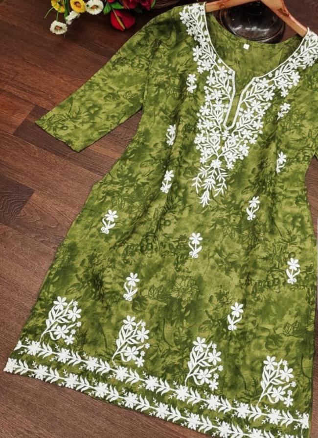 Cotton Green Casual Wear Chikankari Work Readymade Kurti